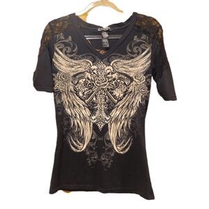 Los Angeles Bus Stop Black V-Neck Rose Cross Rock Tee Size XL